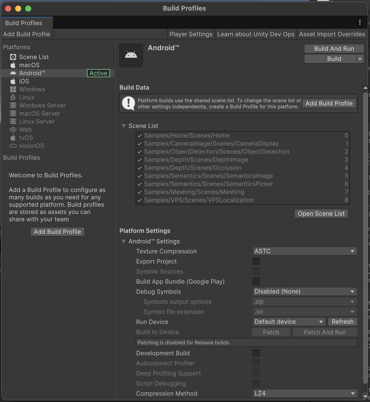 Selecting scenes in the Build Settings menu