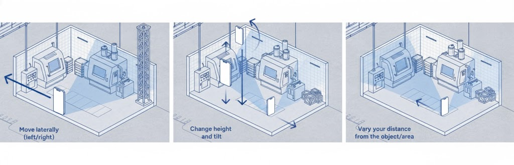Phone moves side to side, up/down, and closer/far from machines, books, and devices.